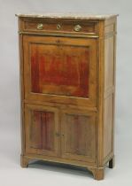 A LATE 19TH CENTURY FRENCH FRUITWOOD SECRETAIRE A BATTANT, with a marble top over a single long
