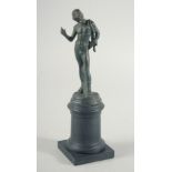 AN EARLY STANDING BRONZE OF NARCISSUS. 5.5ins high on a wooden plinth.