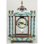 A CLOISONNE ENAMEL AND GILT METAL PILLAR CLOCK with urn finial. 18ins high.