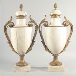 A VERY GOOD PAIR OF 19TH CENTURY LOUIS XVI MARBLE AND ORMOLU CASSOULETS with pineapple finials.
