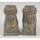 A SMALL PAIR OF BRONZE EGYPTIAN BUSTS. 3.5ins.