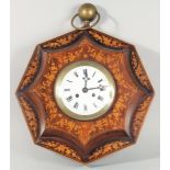 A GOOD 19TH CENTURY FRENCH ROSEWOOD INLAID WALL CLOCK, FORMED AS A WATCH, Paris maker, 16ins wide.