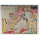 A GOOD 19TH CENTURY BRUSSELS NEEDLEWORK OF COUNTIES, FIGURES AND MAN ON A HORSE. 30ins x40ins.