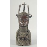 A VERY GOOD EARLY BENIN BRONZE HEAD with cross stitch and other decoration. 19ins high.