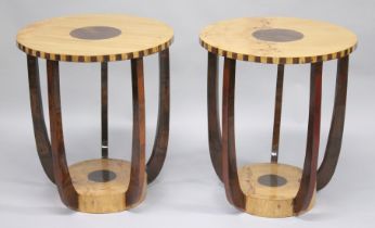 A PAIR OF ART DECO STYLE CIRCULAR TABLES with inlaid decoration. 1ft 1in diameter.