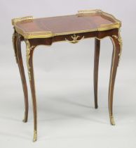 A FRENCH STYLE MAHOGANY OCCASIONAL TABLE with parquetry inlay and ormolu mounts. 2ft 1ins long x 1ft
