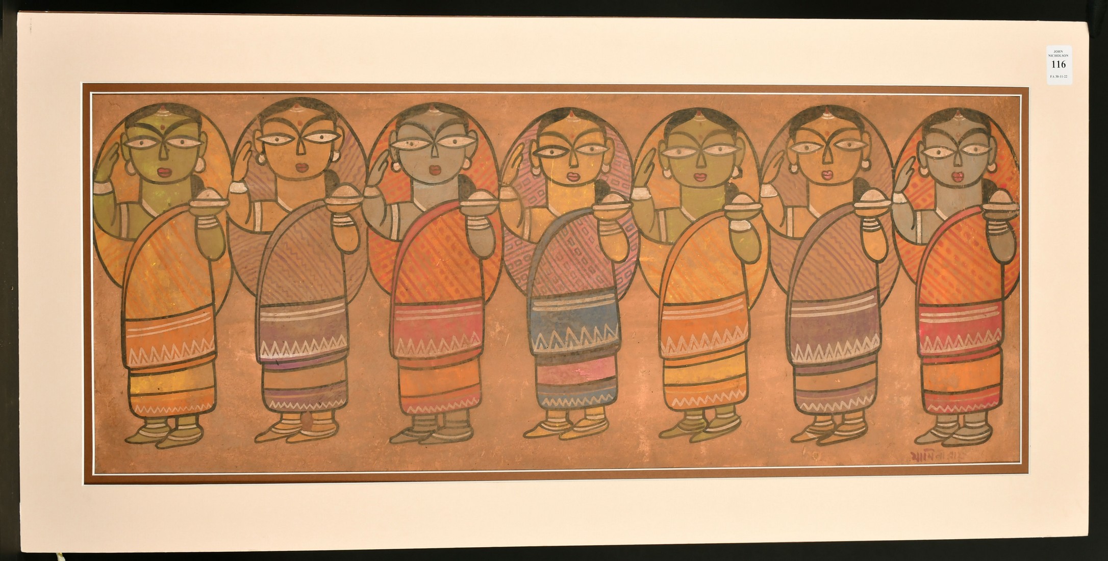 Jamini Roy (1887-1972) Indian, a scene of seven female standing figures, tempera on board, signed, - Image 2 of 4