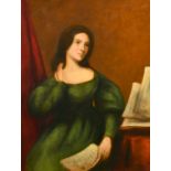 J.K. Pelham (19th Century) Portrait of a seated lady wearing a green dress and holding papers, oil