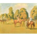 Charles Church (b. 1971) British, jockeys and racehorses in a paddock, oil on canvas, 19.75" x 23.5"