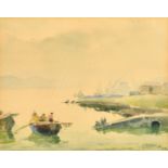 Manuel Tavares (1911-1974) figures on a fishing boat, watercolour, signed and dated 1959, 9.5" x 12"