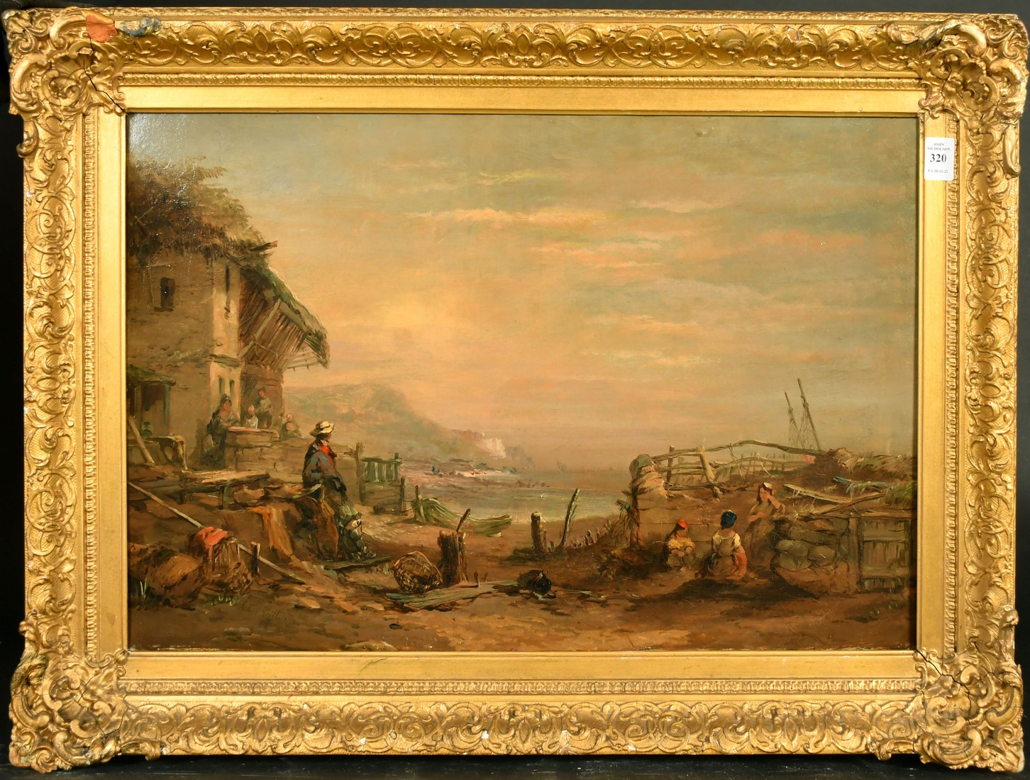 19th Century English School, figures mending nets in a coastal landscape, oil on canvas, - Image 2 of 4