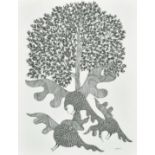Ram Singh Urveti (b. 1970) Indian Gond Artist, three birds beneath a tree, ink on paper, signed, 14"