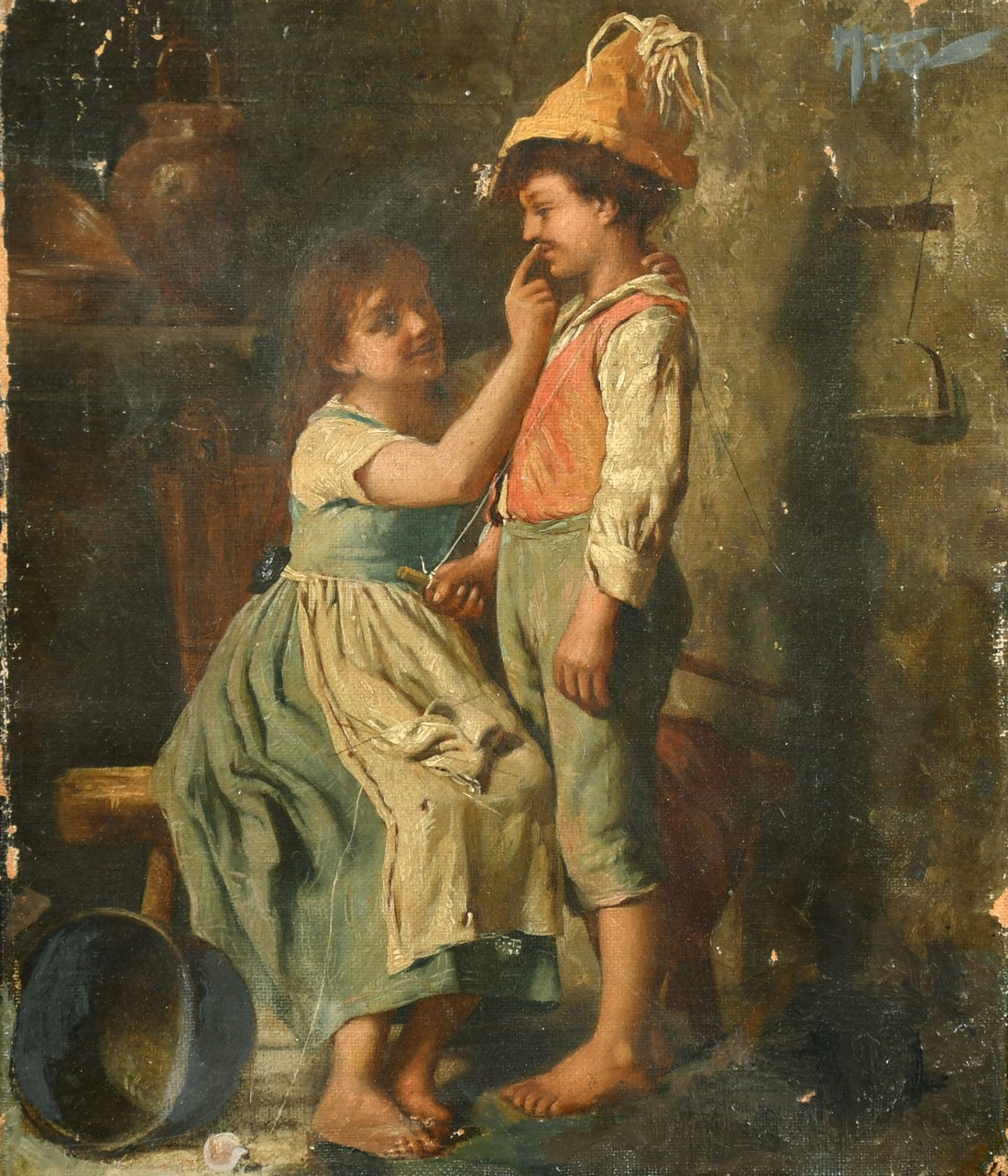 Mid-19th Century Italian School, two children playing in a cottage interior, oil on canvas, 9" x 7.