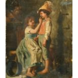 Mid-19th Century Italian School, two children playing in a cottage interior, oil on canvas, 9" x 7.