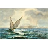 Joseph Galea (1904-1985) Maltese, 'St. Elmo', a sailing boat off Malta, watercolour, inscribed in