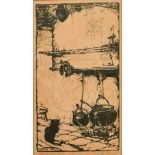 Anton Pieck, A cat seated by a fire, woodblock, signed and numbered 35/75 in pencil, 7" x 3.75", (
