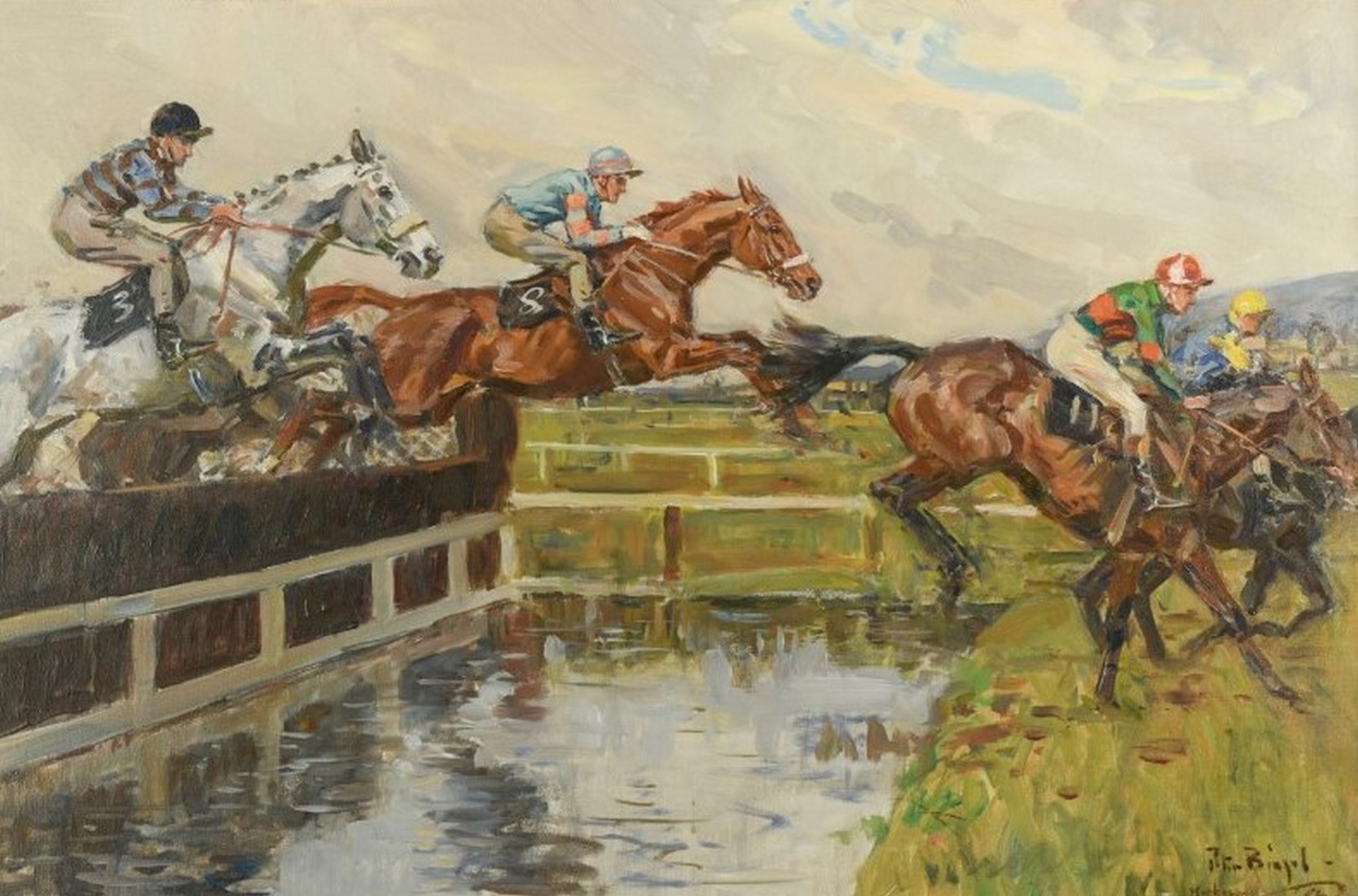 Peter Biegel (1913-1988) British, 'The Water Jump, Mackeson Gold Cup, Cheltenham, 1964', oil on - Image 2 of 4