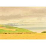 Robert Morson Hughes (20th Century) A sea view from land with grazing sheep, oil on board, signed,