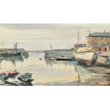 A.J. Bowyer, A harbour scene at low tide, oil on board, signed, 8" x 13.75", (20x35cm).