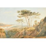 A figure and goats resting under trees, with an extensive river landscape beyond, watercolour, 12.