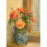 Mary Remington (1910-2003) British, 'Roses in the Window', oil on board, signed, 18.5" x 13.5" (47 x