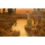 Attributed to Enrique Serra Auque (1859-1918), a statue in a Roman lake, oil on canvas, with stamp