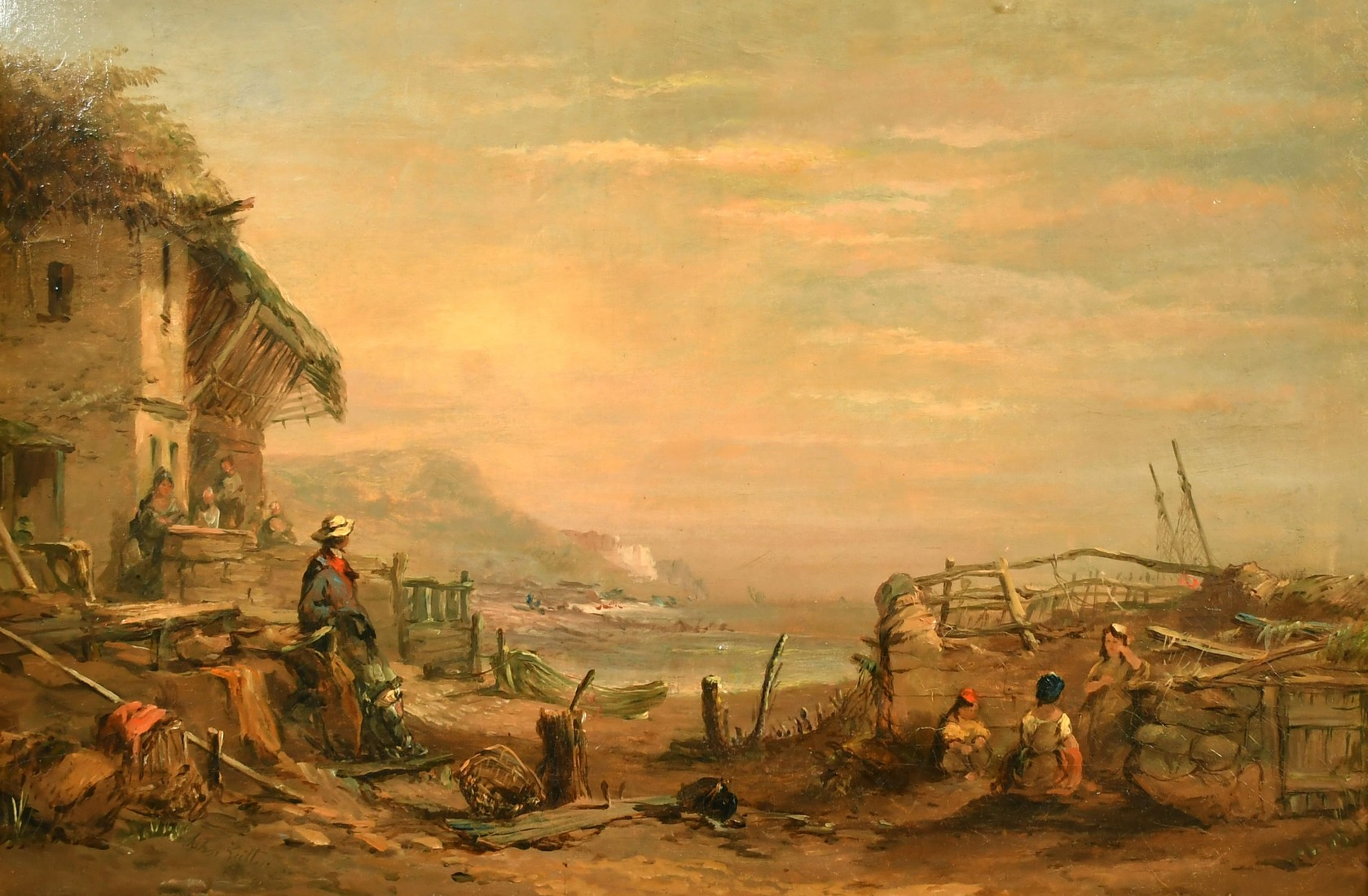 19th Century English School, figures mending nets in a coastal landscape, oil on canvas,