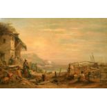 19th Century English School, figures mending nets in a coastal landscape, oil on canvas,
