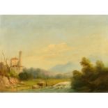 19th Century Continental School, Figure and cattle by a river with building beyond, oil on canvas,