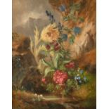 Josef Schuster (1812-1890) Austrian, a still life study of wildflowers by a mountain stream, oil