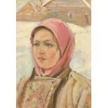 Early 20th Century Russian School, a head study of a female in winter, oil on board, signed in