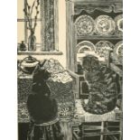 Hilary Whyard, 'Breakfast Cats', wood engraving, signed and inscribed in pencil, 5.5" x 4.25", (
