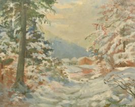 F. Stuck, Mid-20th Century Continental School, a winter landscape, oil on canvas, signed, 18" x 23.