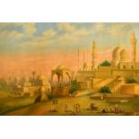 J. Vilarels, 20th Century, Figures gathered in an Eastern city with minarets and towers, oil on