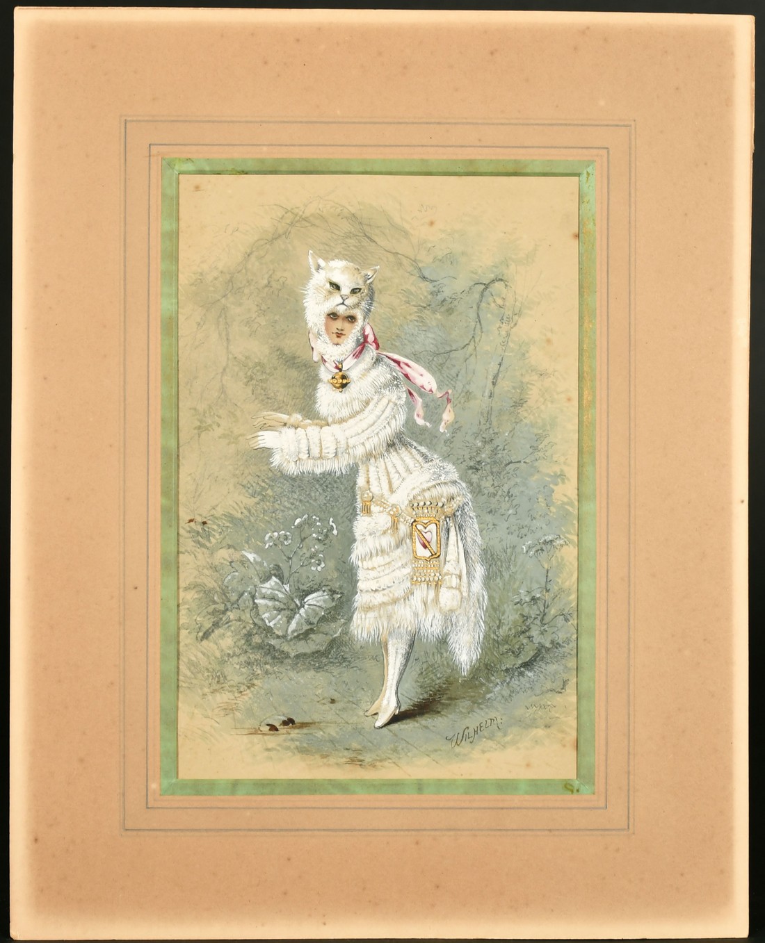 Continental School (19th Century) A lady wearing a cat costume standing in a landscape, gouache with - Image 2 of 4