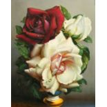 Irene Klestova (1909-1989), a still life of white and red roses with dew drops, oil on board,