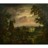 Circle of Pether (19th Century), A moonlit view of a mill by a river with sailboats beyond, oil on