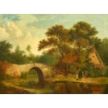 John Berney Ladbrooke (1803-1879) British, figures on a stone bridge by a cottage, oil on canvas,