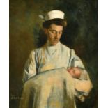 Benjamin Strasser (1888-1955), a study of a midwife holding a newborn, oil on board, signed, 19" x
