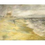 Modern British, Buildings near s shore in a storm, watercolour, indistinctly signed in pencil, 16.