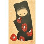 Kaoru Kawano, Girl with Camellias, colour woodblock, with artists seal and black stamp verso, 14"