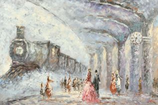 Andre, 20th Century French School, figures in a station, oil on canvas, signed, 23.5" x 35.5" (60