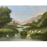 19th Century Provincial School, A river landscape with sheep and swans, oil on board, 11.5" x