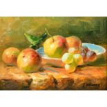 J. Howard (20th Century) A pair of still life paintings of mixed fruit, oil on board, signed, 5" x