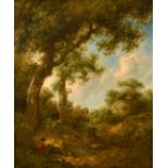 Circle of Constable, A wooded landscape with figures resting beneath a tree, oil on canvas, 30" x