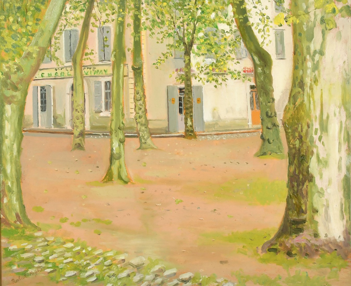 Robert Morson Hughes (20th Century) A view through the trees to the corner of the street, oil on