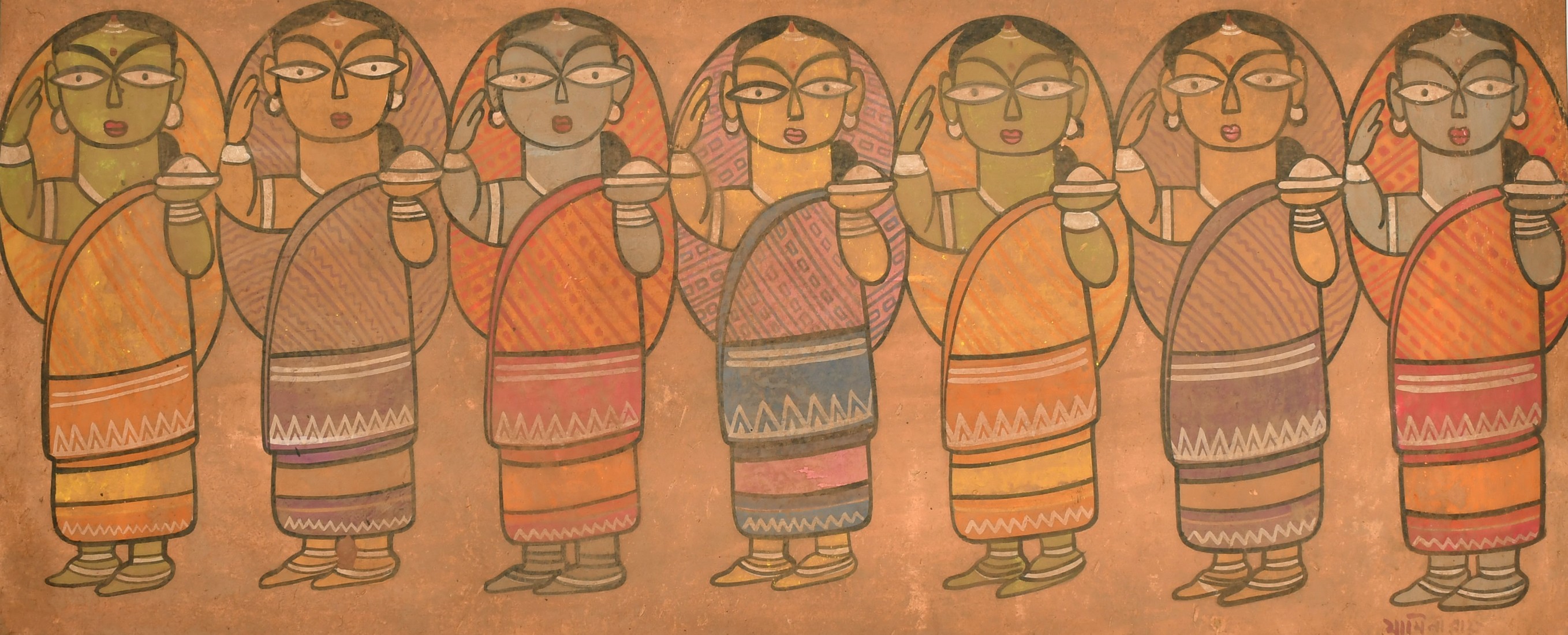 Jamini Roy (1887-1972) Indian, a scene of seven female standing figures, tempera on board, signed,