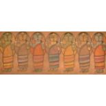 Jamini Roy (1887-1972) Indian, a scene of seven female standing figures, tempera on board, signed,