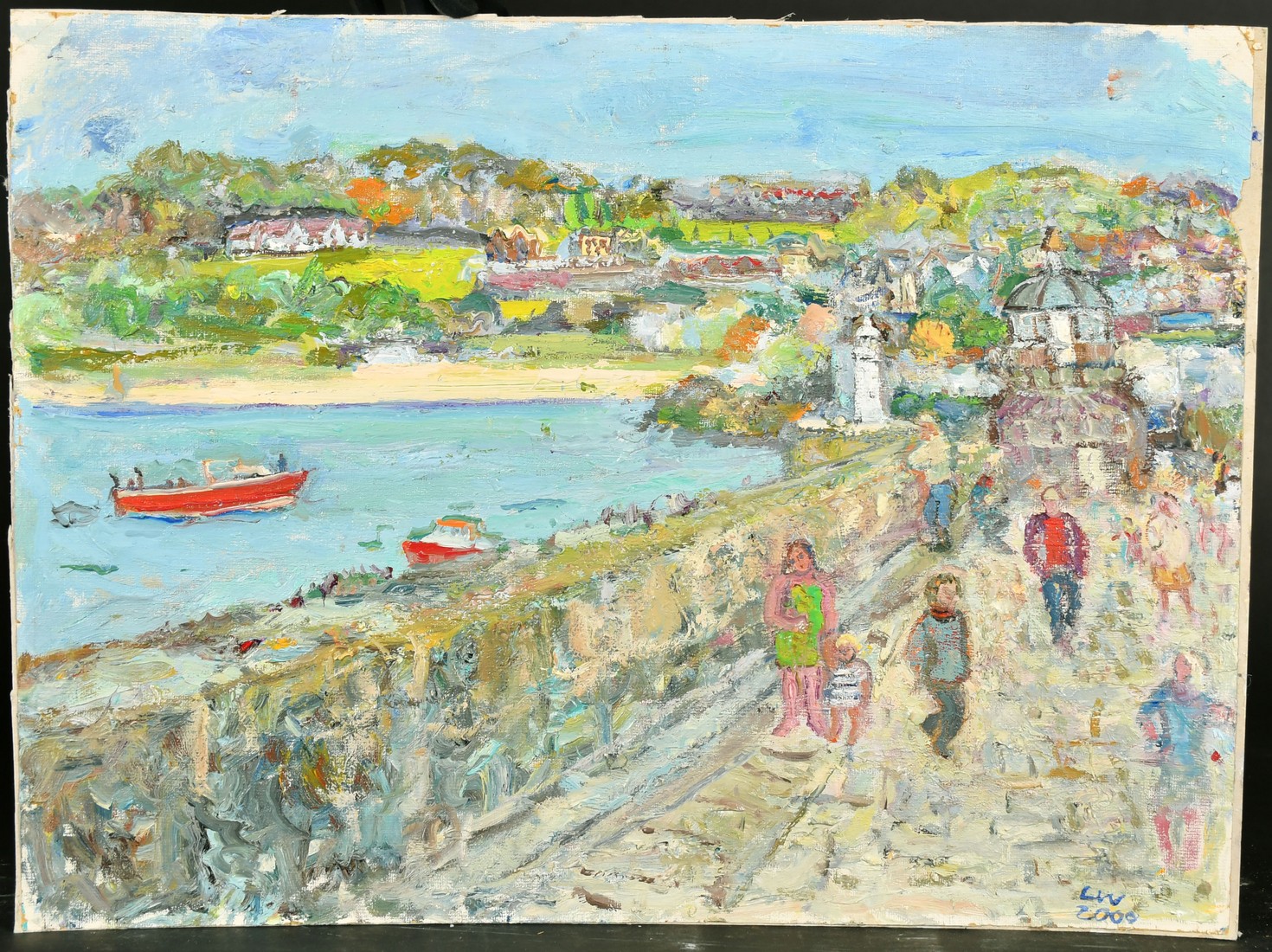 Linda Weir (b. 1951), figures walking on a harbour with a town in the distance, oil on canvas laid - Image 2 of 4