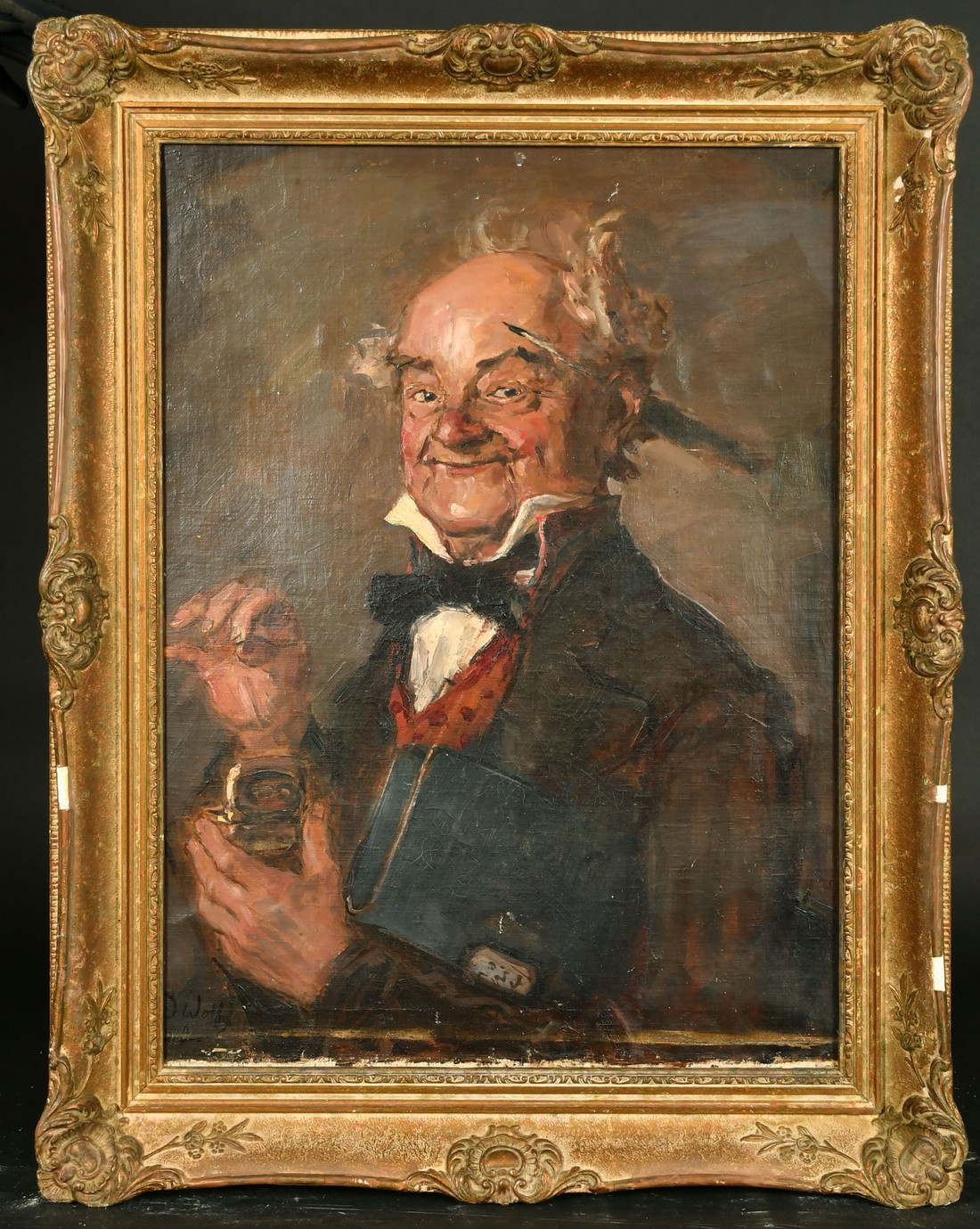 19th Century portrait of an old man with a quill behind his ear and holding an open snuff box, oil - Image 2 of 4